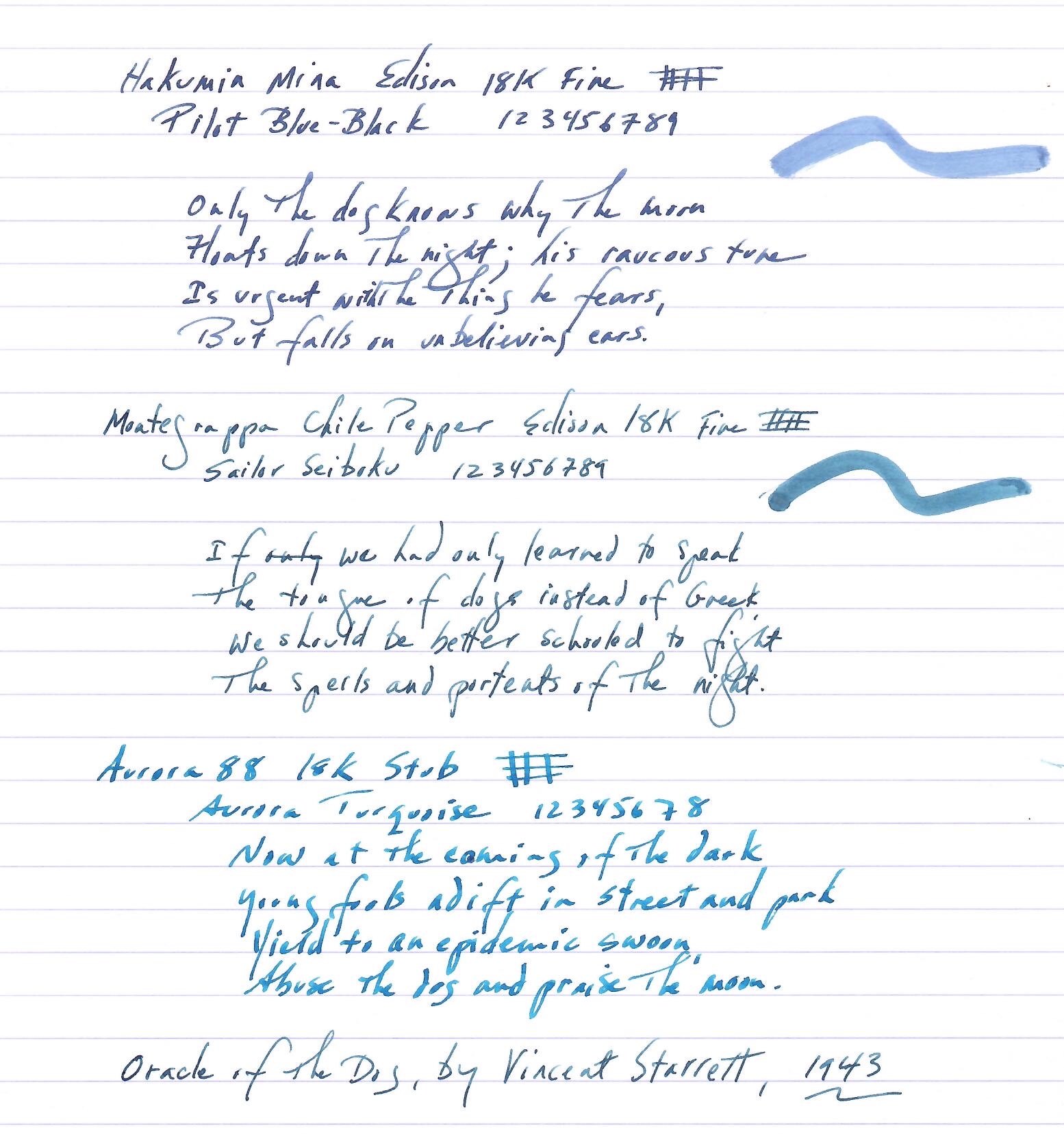 writing samples comparing Pilot Blue-Black, Sailor Seiboku and Aurora Turquoise